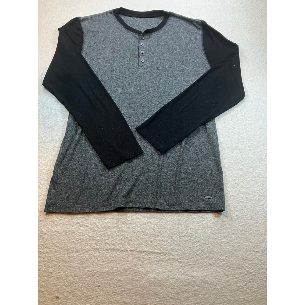 Express Mens Henley Shirt Large Grey Black Colorblock Long Sleeve Quarter Button
